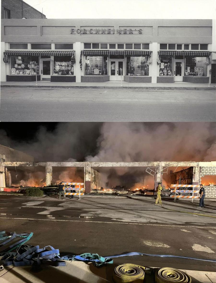 Before and after the fire that destroyed almost an entire city block on May 26, 2024 in downtown Alpine.