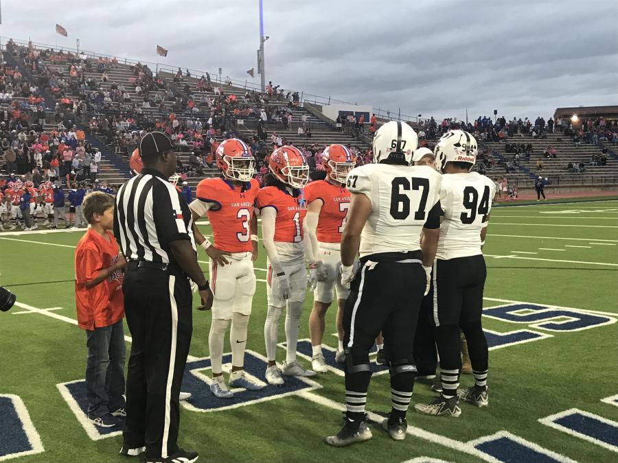The Central Bobcats and Odessa Permian captains meet at midfield before their game at San Angelo Stadium on Friday, Oct. 18, 2024.