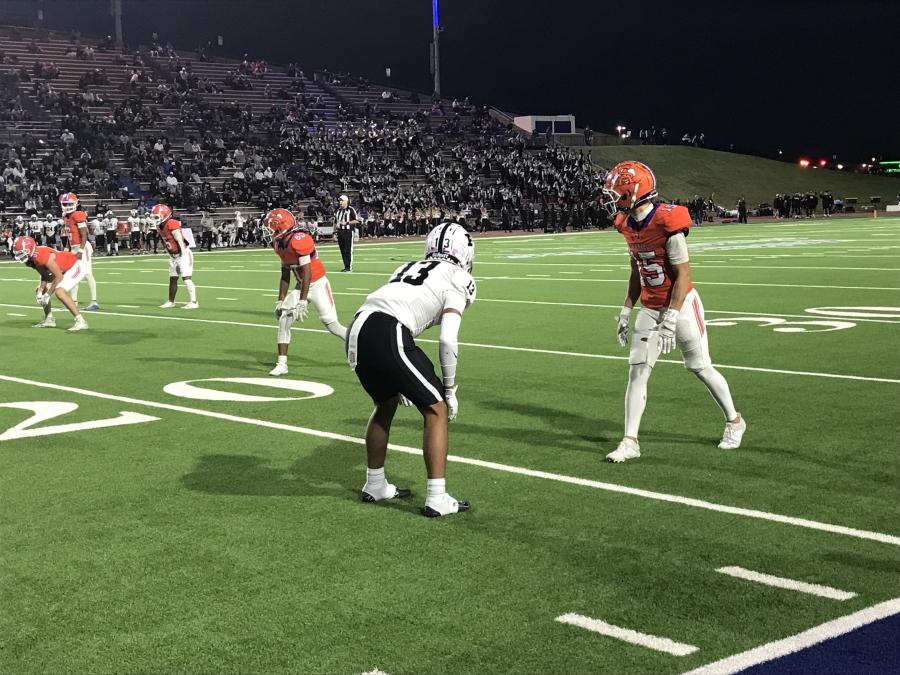 San Angelo Central wide receiver Gavin Johnson waits for the snap with Odessa Permian cornerback Nata Cardozo preparing for coverage Friday, Oct. 18, 2024, at San Angelo Stadium.