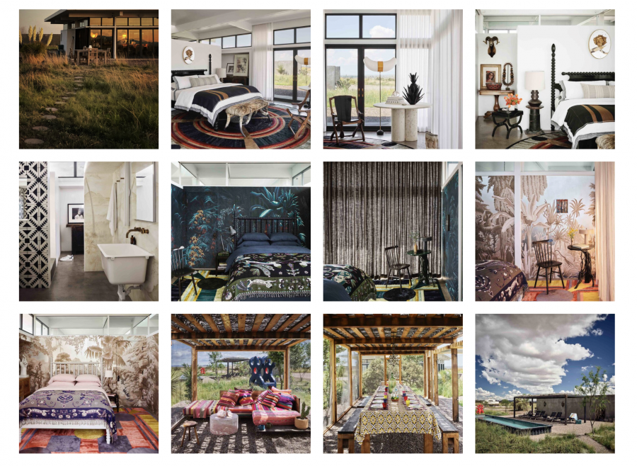 Interior and exterior views of the Marfa retreat showcase its vibrant patterns, and outdoor living spaces, including a desert palapa and a lap pool. (Photos courtesy of Marfa Vista Real Estate) Interior and exterior views of the Marfa retreat showcase its vibrant patterns, and outdoor living spaces, including a desert palapa and a lap pool. (Photos courtesy of Marfa Vista Real Estate)