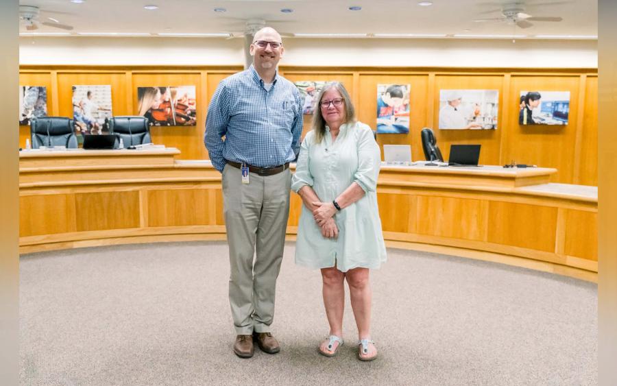 Santa Rita Elementary teacher Lynn Springer, San Angelo ISD’s 2024 Elementary Teacher of the Year, stands with Superintendent Dr. Chris Moran following her recognition at the June 16 school board meeting. (Photo by: San Angelo ISD) Santa Rita Elementary teacher Lynn Springer, San Angelo ISD’s 2024 Elementary Teacher of the Year, stands with Superintendent Dr. Chris Moran following her recognition at the June 16 school board meeting. (Photo by: San Angelo ISD)