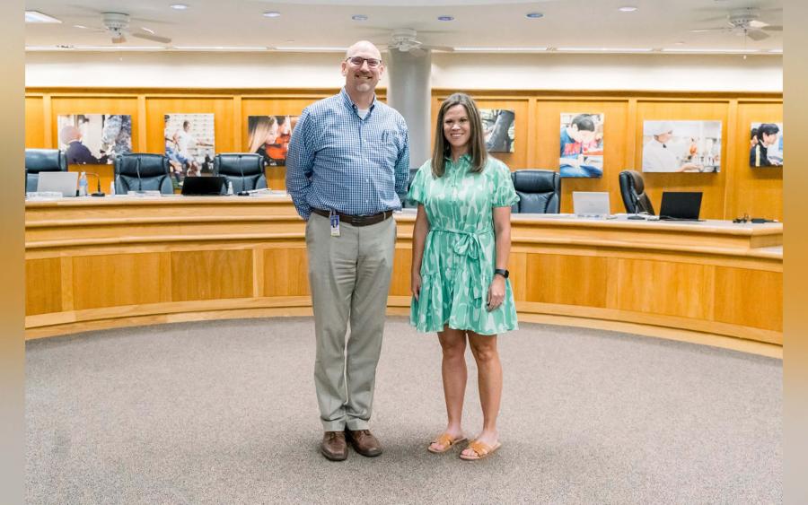 Glenn Middle School teacher Jenny Sanders, named San Angelo ISD’s 2024 Secondary Teacher of the Year, is pictured with Superintendent Dr. Chris Moran after being honored by the board of trustees. (Photo by: San Angelo ISD) Glenn Middle School teacher Jenny Sanders, named San Angelo ISD’s 2024 Secondary Teacher of the Year, is pictured with Superintendent Dr. Chris Moran after being honored by the board of trustees. (Photo by: San Angelo ISD)