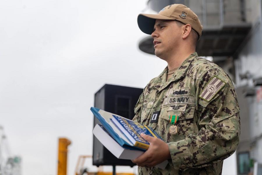 SAN DIEGO (June 9, 2025) U.S. Navy Lt. Michael Rangel, from San Angelo, Texas, speaks after receiving the U.S. Naval Academy Class of ’71 Ethical Character in Leadership award during a ceremony aboard the Nimitz-class aircraft carrier USS Theodore Rooseve