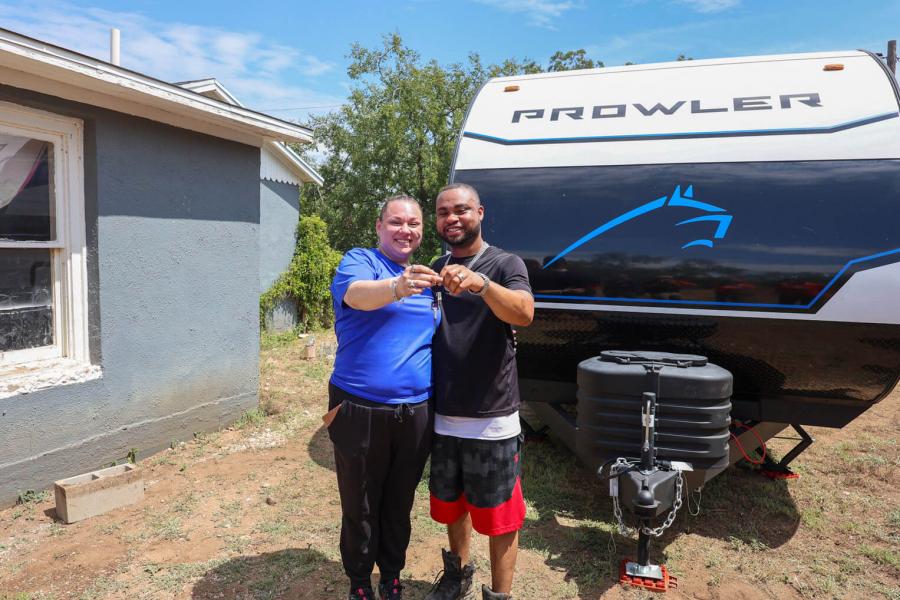 BRITTANY AND LEVERNE WERE LIVING IN A MOTEL ACROSS TOWN WITH THEIR TWO DOGS BEFORE SAMARITAN’S PURSE PROVIDED THEM A CAMPER ON THEIR PROPERTY TO MOVE INTO. BRITTANY AND LEVERNE WERE LIVING IN A MOTEL ACROSS TOWN WITH THEIR TWO DOGS BEFORE SAMARITAN’S PURSE PROVIDED THEM A CAMPER ON THEIR PROPERTY TO MOVE INTO.