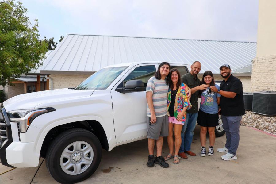 THE MERTZ FAMILY GATHERED OUTSIDE KERRVILLE BIBLE CHURCH LAST WEEK TO RECEIVE A NEW CAR FROM SAMARITAN’S PURSE AFTER LOSING THEIRS IN THE FLOOD. THE MERTZ FAMILY GATHERED OUTSIDE KERRVILLE BIBLE CHURCH LAST WEEK TO RECEIVE A NEW CAR FROM SAMARITAN’S PURSE AFTER LOSING THEIRS IN THE FLOOD.