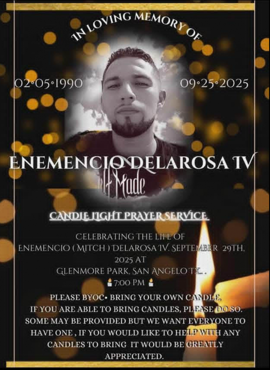 Enemencio “Mitch” De La Rosa IV has died days after being shot on Chadbourne Street; a vigil and fundraiser are planned in San Angelo. Enemencio “Mitch” De La Rosa IV has died days after being shot on Chadbourne Street; a vigil and fundraiser are planned in San Angelo.
