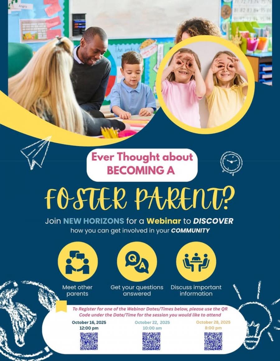 New Horizons will host a series of free online webinars this month to help local residents learn about becoming foster parents and how to get involved in the community. New Horizons will host a series of free online webinars this month to help local residents learn about becoming foster parents and how to get involved in the community.