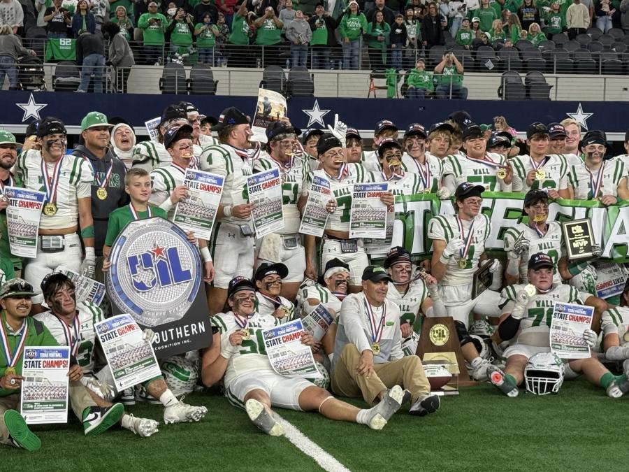 The Wall Hawks celebrate their 25-24 win over Newton in the Class 3A Division II state final on Thursday, Dec. 18, 2025, at AT&amp;T Stadium in Arlington.