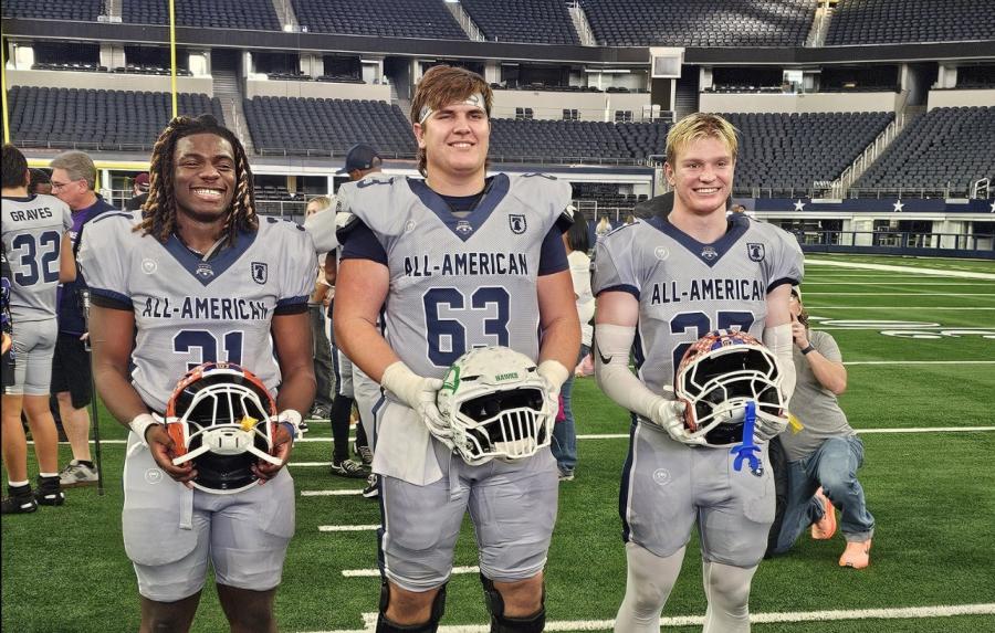 Central Bobcats' Jaekob Jackson (Left) and Mason Van Sickle (Right) with Wall Hawks' Baine Jenschke (Middle) at the Blue vs. Grey All-American Bowl in Arlington