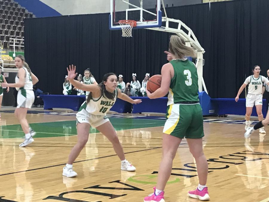 Wall's Kylee Holik guards Idalou's Preslie Wall during their regional semifinal game Tuesday in Snyder.