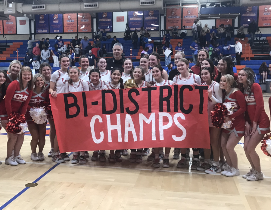 The Christoval girls basketball team celebrates after its first-round playoff win over Coleman on Monday, Feb. 16, 2026.