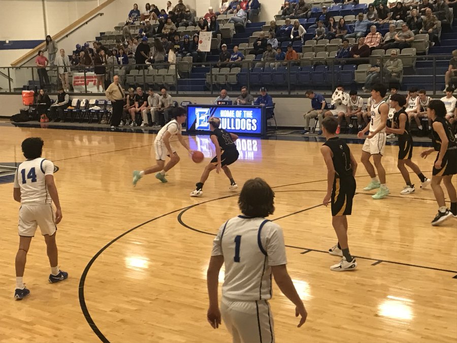 Eden's Avery Condarco dribbles against Menard's defense Tuesday, Feb. 3, 2026.
