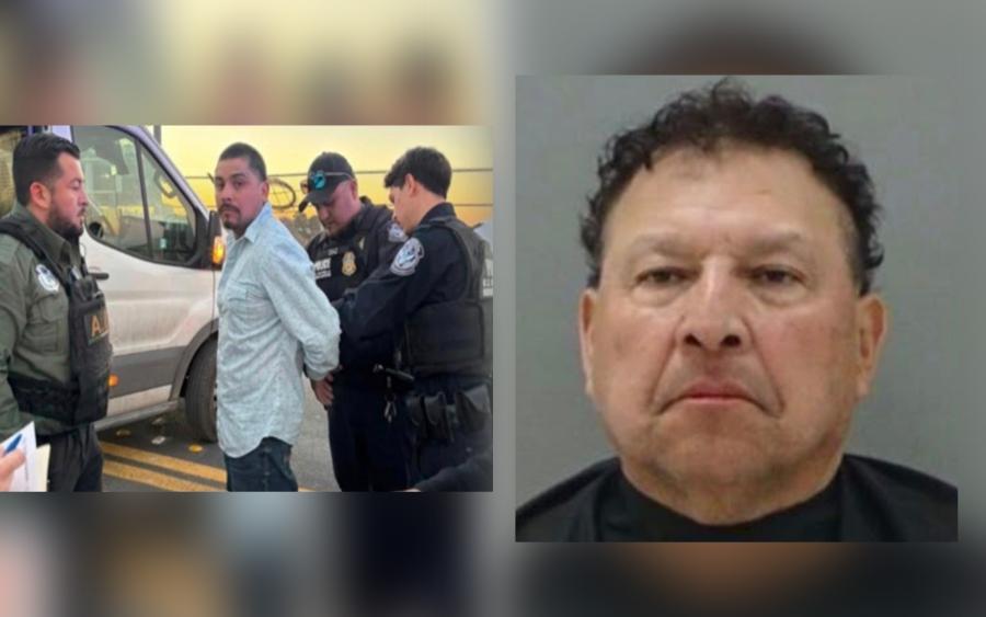 Javier Veloz (left), 36, is taken into custody at the Del Rio international bridge after fleeing to Mexico. Santiago De La Rosa (right), 58, appears in a booking photo following his arrest in San Angelo on multiple child sexual assault charges. (Photos courtesy Reagan County Sheriff’s Office)