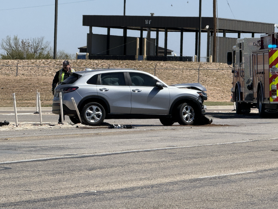 A two-vehicle collision Thursday afternoon in front of Goodfellow Air Force Base has reduced outbound traffic to one lane.