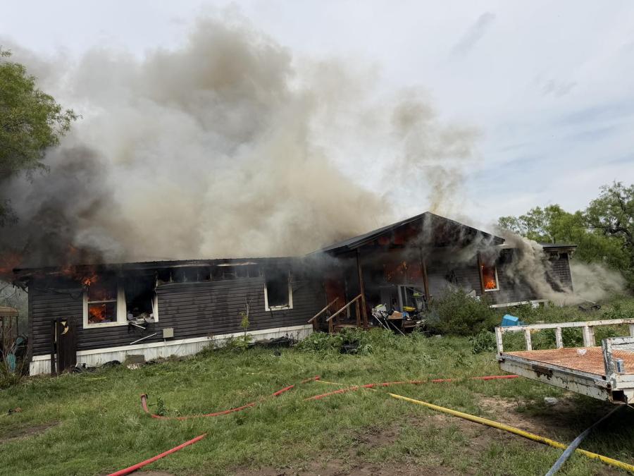 Structure fire in Tom Green County on Monday, April 13, 2026. (Left photo, taken by East Concho VFD.)
