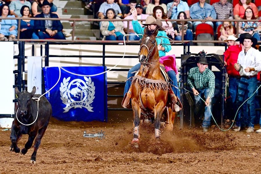 Tibba Smith of Hobbs, New Mexico, had a time of 2.1 seconds Sunday, April 5, at the San Angelo Rodeo.