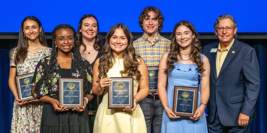 (Back, L-R) Kianna Ortiz, Isabel Gilbert, Ashton Murry; (Front, L-R) Nicora Coleman, Kimberly Tatiana Alvarez, Lizzie Scales, ASU Provost Don Topliff