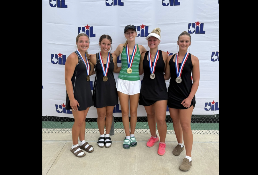 Wall's Amelia Taylor (center) won the state title in girls singles, while the girls doubles team of Ava Duncan and Evelyn Itz (right) won silver, and the girls doubles team of Kymbree Hirt and Ella Bowman (left) won bronze.