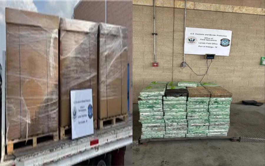 (L) Boxes containing 7,047.73 pounds of methamphetamine seized by CBP officers at Laredo Port of Entry. (R)  Packages containing 1,042.78 pounds of methamphetamine seized by CBP officers at Pharr International Bridge.