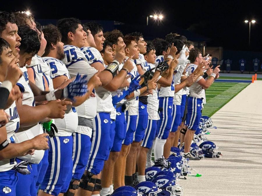 The Lake View Chiefs celebrate after their win over Fort Stockton on Aug. 28, 2026.