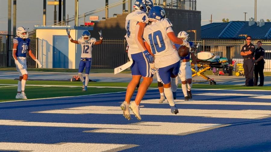 Lake View's Calvin Whitfield (4) and Aiden Rivera (10) celebrate against Fort Stockton on Friday, Aug. 28, 2026.