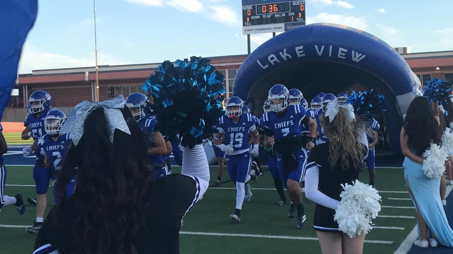 The Lake View Chiefs run onto the field before their game against Pecos on Friday, Sept. 18, 2026.