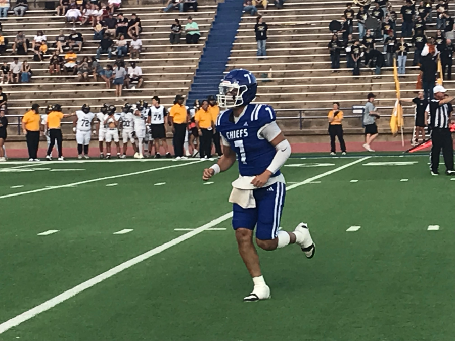 Lake View quarterback Chris Alvizo runs off the field after a touchdown pass against Snyder on Friday, Sept. 4, 2026.