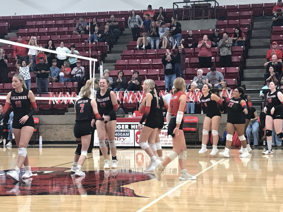 The Ballinger volleyball team celebrates a win over Coleman on Tuesday, Oct. 20, 2026.