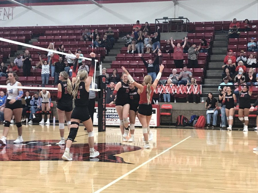 The Ballinger volleyball team celebrates a win over Coleman on Tuesday, Oct. 20, 2026.