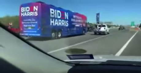 The Biden/Harris campaign bus was surrounded by Trump supporters on I-35 near New Braunfels on Oct. 30, 2020. 
