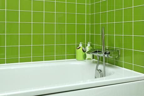 A bathtub with popular, designer tile