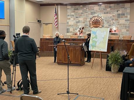 Water press conference held on Feb. 9, 2021 at the McNease Convention Center. Mayor Brenda Gunter is at the podium.