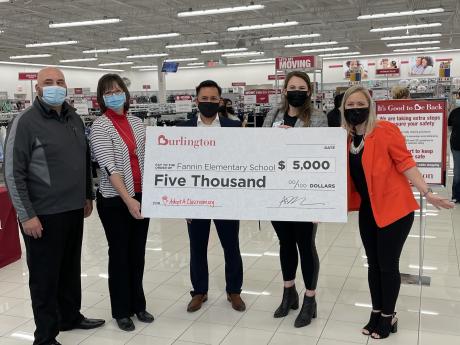 Burlington San Angelo Store presentation of $5,000 check to Fannin Elementary School on March 19, 2021.
