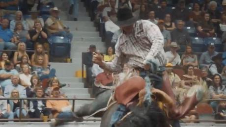 Chet Johnson at the 2021 San Angelo Rodeo Finals. He won the saddle bronc title.