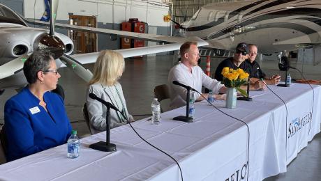 The San Angelo Air Race organizers, left-right, CVB Director Diann Bayes, Mayor Benda Gunter, Airrace1 CEO Jeff Zaltman, Airrace1 VP Justin Meadors, and Lions Club Charities director Keith Perrine.