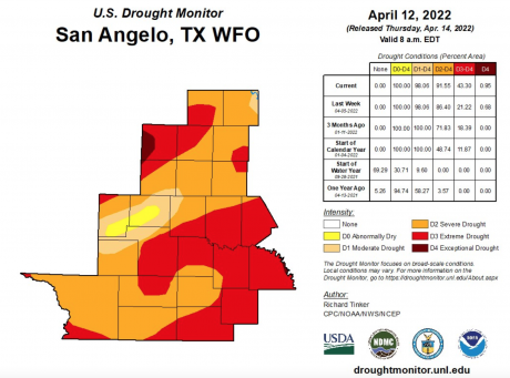 Drought Monitor Tom Green County April 12, 2022 (Contributed/NWS)