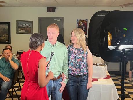 Republican nominee for Tom Green County Judge Lane Carter and his wife Paige is interviewed by KLST's Erin Hunter from his election watch party on May 24, 2022