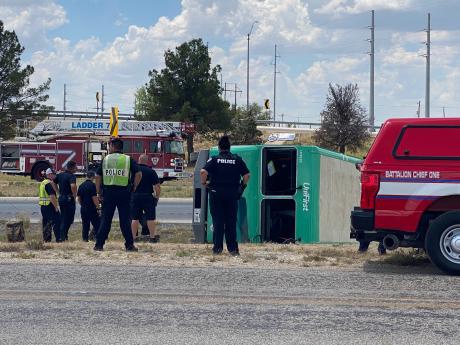 A Unifirst delivery truck capsized on the access road to Loop 306 near the Ben Ficklin Bridge on June 30, 2022