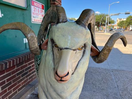The ram bolted down in front of Blaine's Pub was unveiled on July 7, 2022