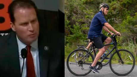 Left, August Pfluger in a committee hearing with Sec. of Homeland Mayorkas testifying; left President Joe Biden on a bicycle