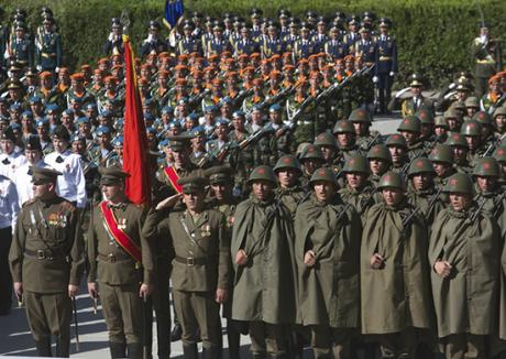 Servicemen of the 201st Russian Military Base stationed in the Republic of Tajikistan. The troops took part in the parade dedicated to the 72nd anniversary of the Victory in the Great Patriotic War, which took place in the center of Dushanbe.