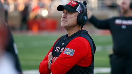 Texas Tech coach Joey McGuire watches during the first half of the team's NCAA college football game against Murray State, Saturday, Sept. 3, 2022, in Lubbock, Texas. (AP Photo/Brad Tollefson)