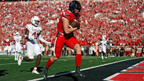 Texas Tech's Baylor Cupp (88) scores a touchdown during the second half of an NCAA college football game against Texas, Saturday, Sept. 24, 2022, in Lubbock, Texas. (AP Photo/Brad Tollefson)