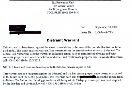 Fake Tax Warrant Image (Contributed/TGCAD)