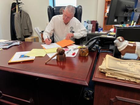 Tom Green County Judge Steve Floyd at His Desk 12.22 (LIVE! Photo/Yantis Green)