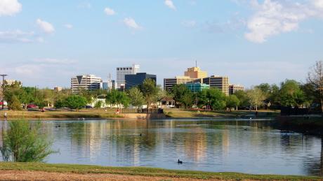 Downtown Midland, Texas on a Sunny Day as Seen Over the Pond at Wadley Barron Park