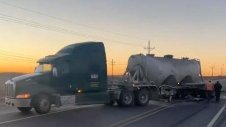 A sandtruck crushes a Ram pickup on SH 349 about halfway between between Rankin and Midland in the early morning hours of Jan. 21, 2023.