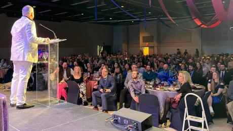 Incoming Chamber Board Chairman Randy Brooks speaks to a packed San Angelo Chamber banquet on Feb. 9, 2023.