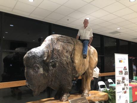 the author atop a giant wooden buffalo