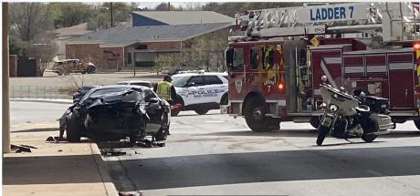 Dodge Challenger in Crash on Southwest at Loop 306 Frontage Rd. (LIVE! Photo/James Bouligny)